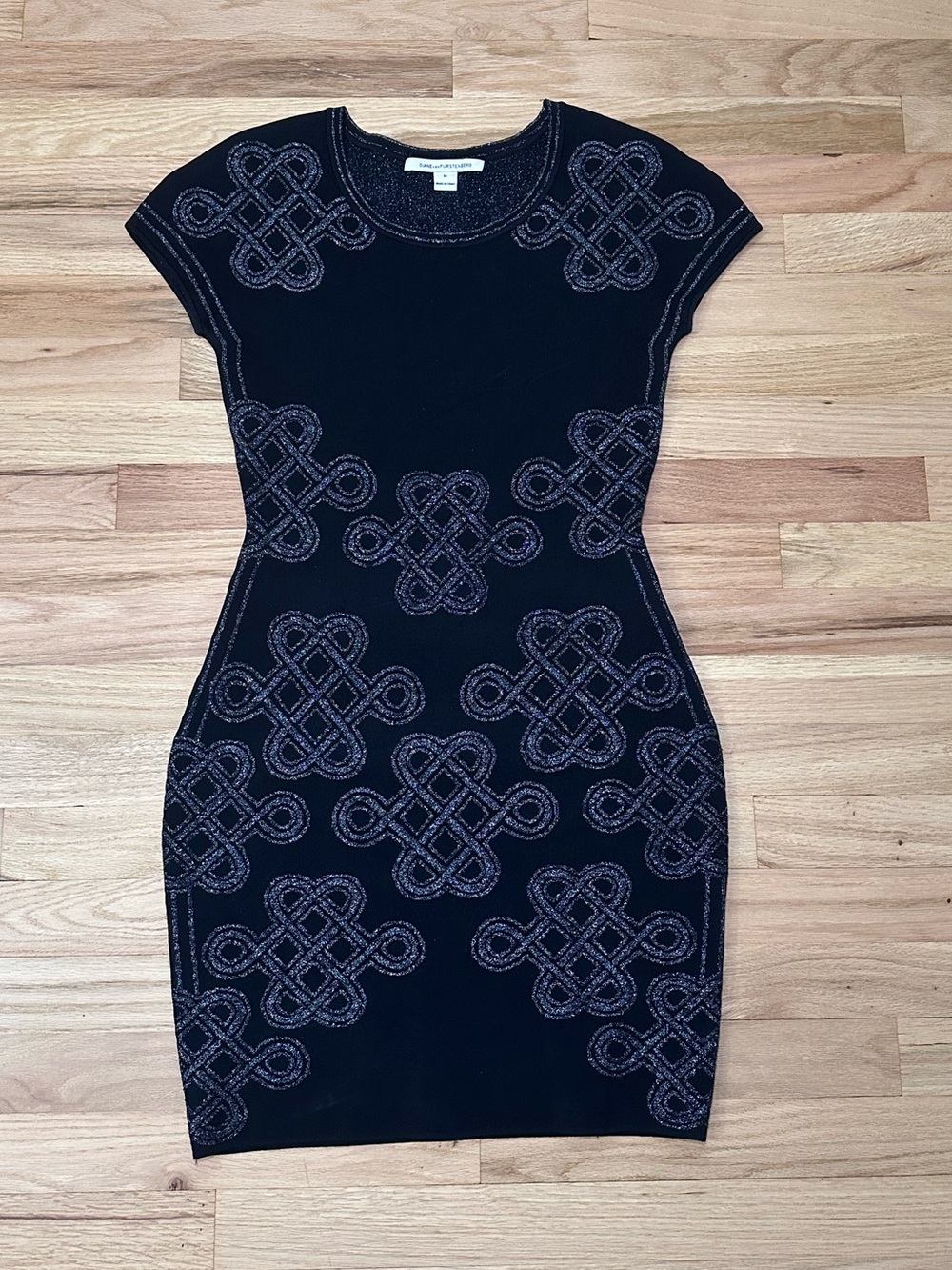 Diane von Furstenberg Metallic Celtic Knot Knit Bodycon Dress Black Silver